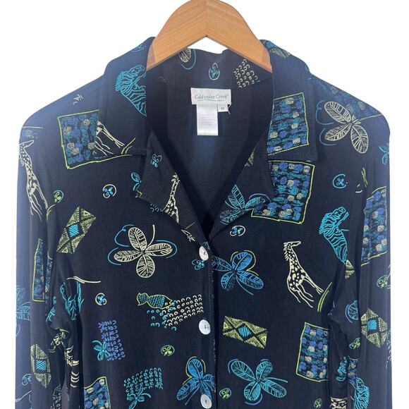 Coldwater Creek Top Women Size M Black Shell Button Down Made in USA Giraffe - Picture 3 of 7